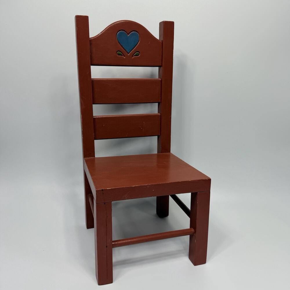 Vtg Cottagecore Miniature Wood Doll Chair Carved Heart Handpainted Red Blue 15"